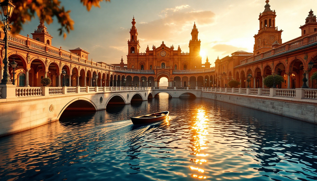 Plaza de España em Sevilha ao entardecer, com o canal e as pontes de cerâmica