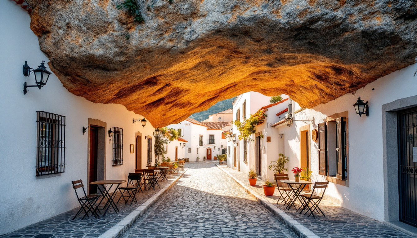 Rua de Setenil de las Bodegas com casas construídas debaixo da rocha